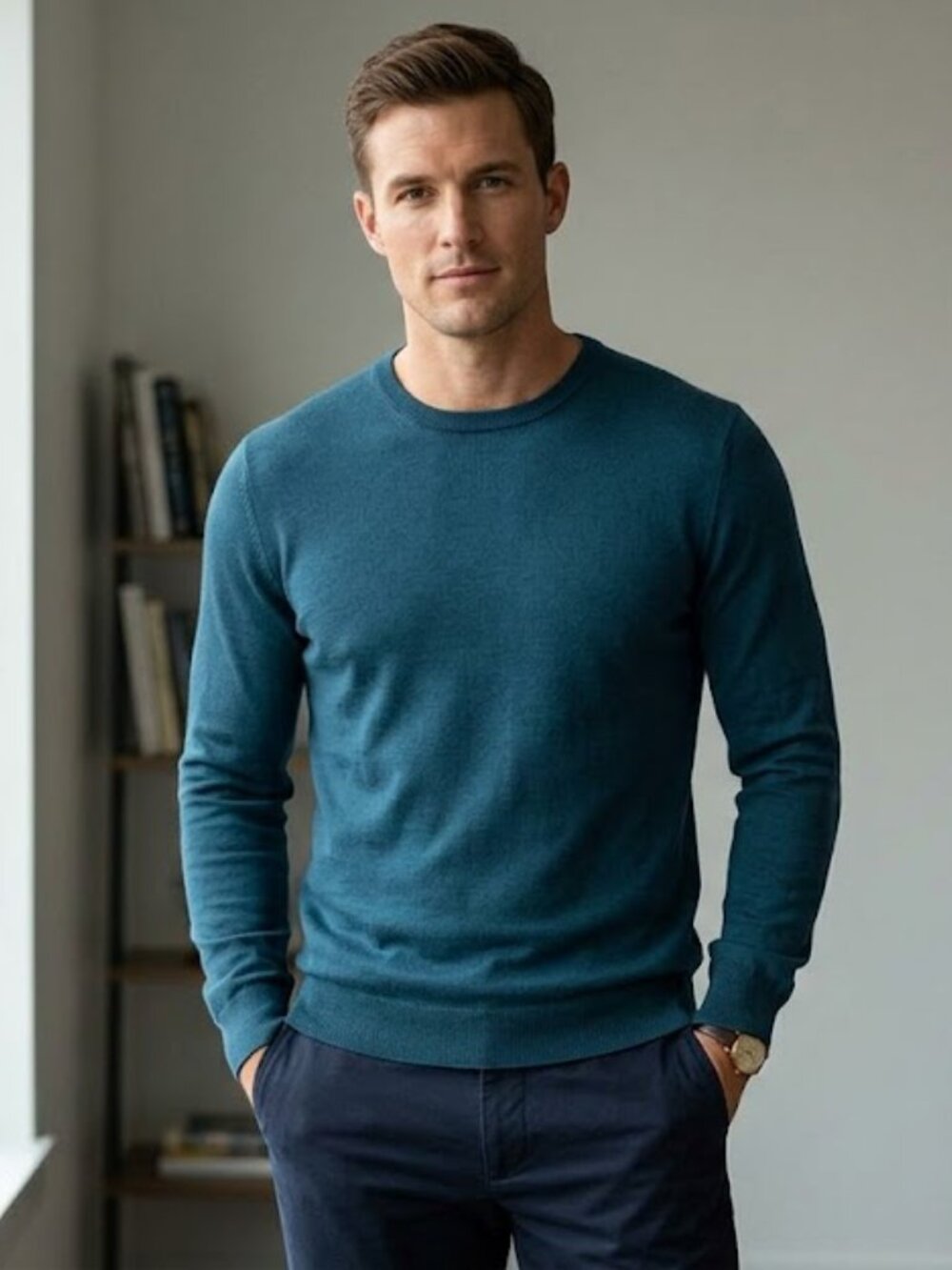 Slinteks Men’s Merino Wool Blend Crewneck Sweater Teal Blue Size M